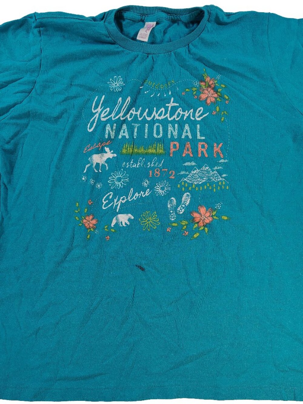 Women's Large Teal Short Sleeve Yellowstone National Park Floral Graphic T-Shirt
